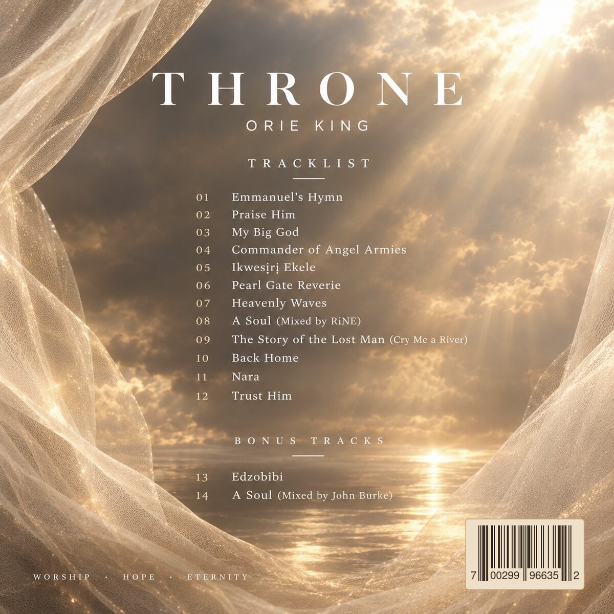 Throne back cover with the tracklist over a sky of golden clouds